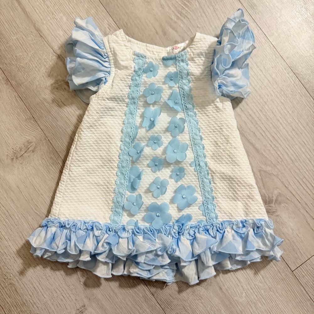 Elegant Blue and White Kids Dress with Floral Accents